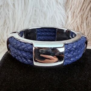 Silvertone Blue Faux Leather Braided Lightweight Nautical Style Bangle Bracelet